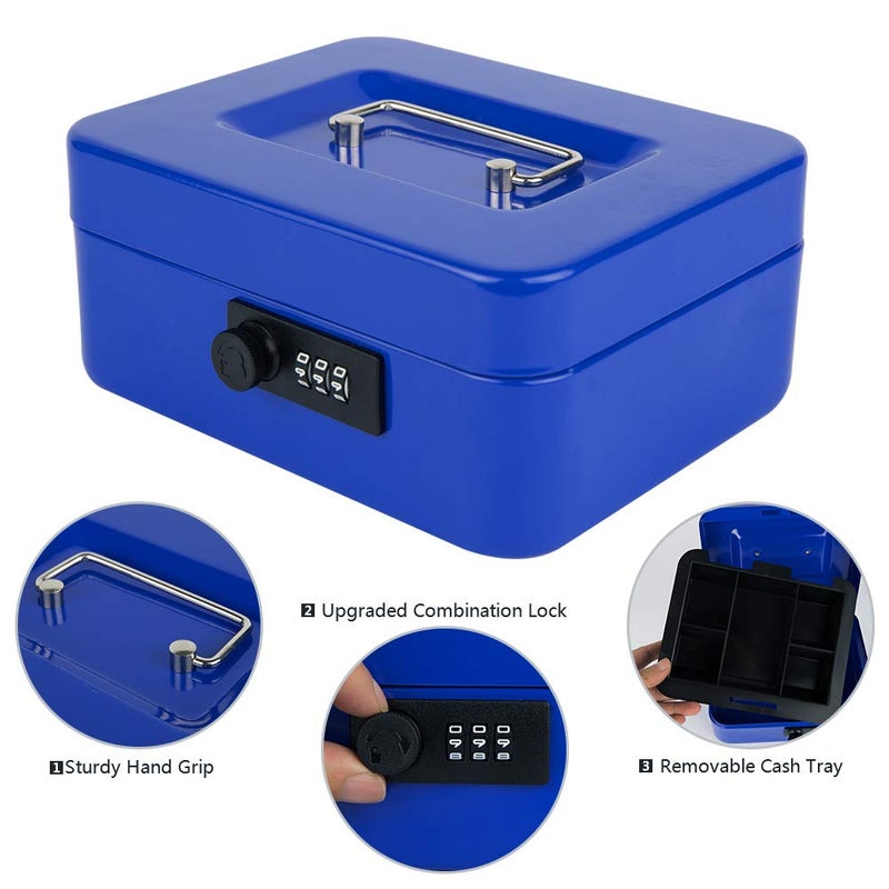 KYODOLED Cash Box with Combination Lock,Safe Metal Box for Money,Storage Lock Box with Money Tray,7.87"x 6.30"x 3.54" Blue Medium - Image 2
